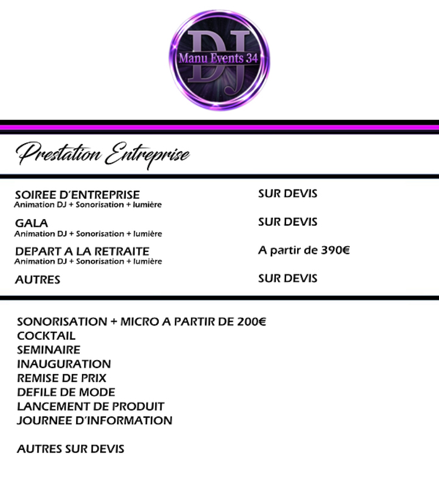 Grille tarifaire DJ Manu pour entreprises et CE