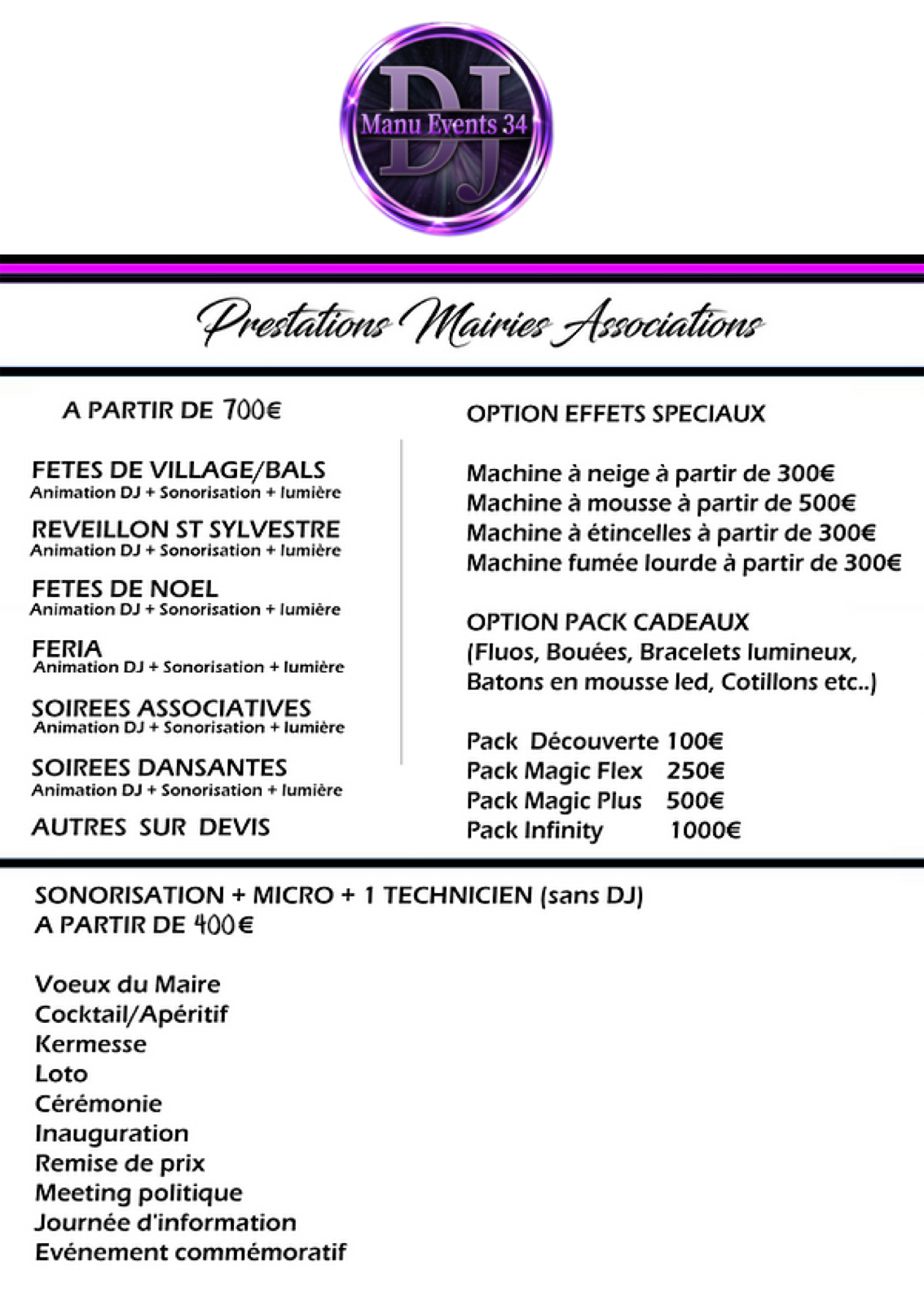 Grille tarifaire DJ Manu pour mairies et associations