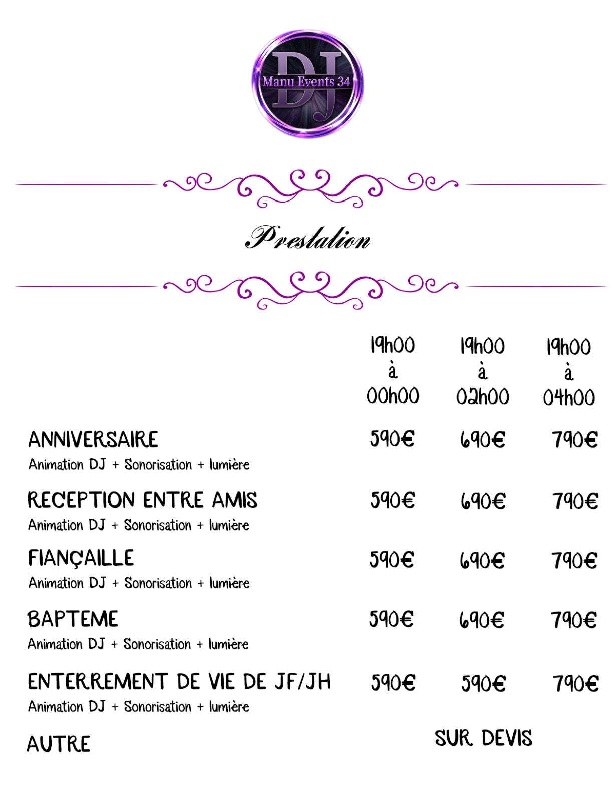 Grille tarifaire DJ Manu pour les particuliers